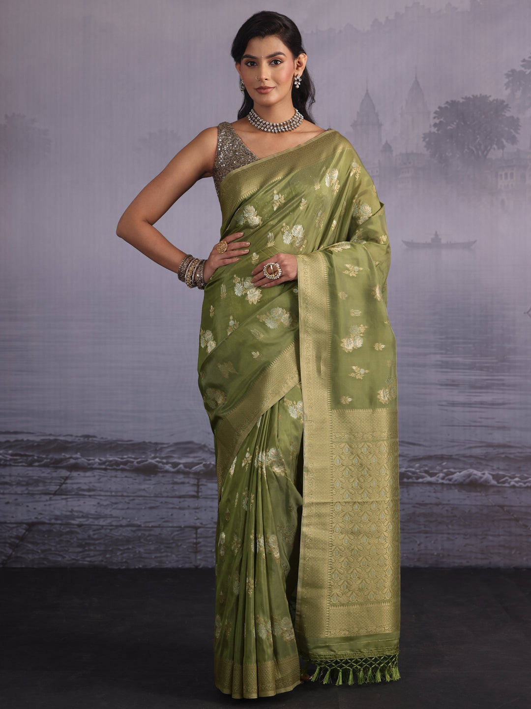 Libas Leaf Green Floral Woven Design Silk Blend Saree