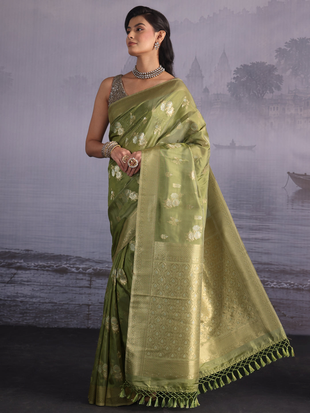 Libas Leaf Green Floral Woven Design Silk Blend Saree