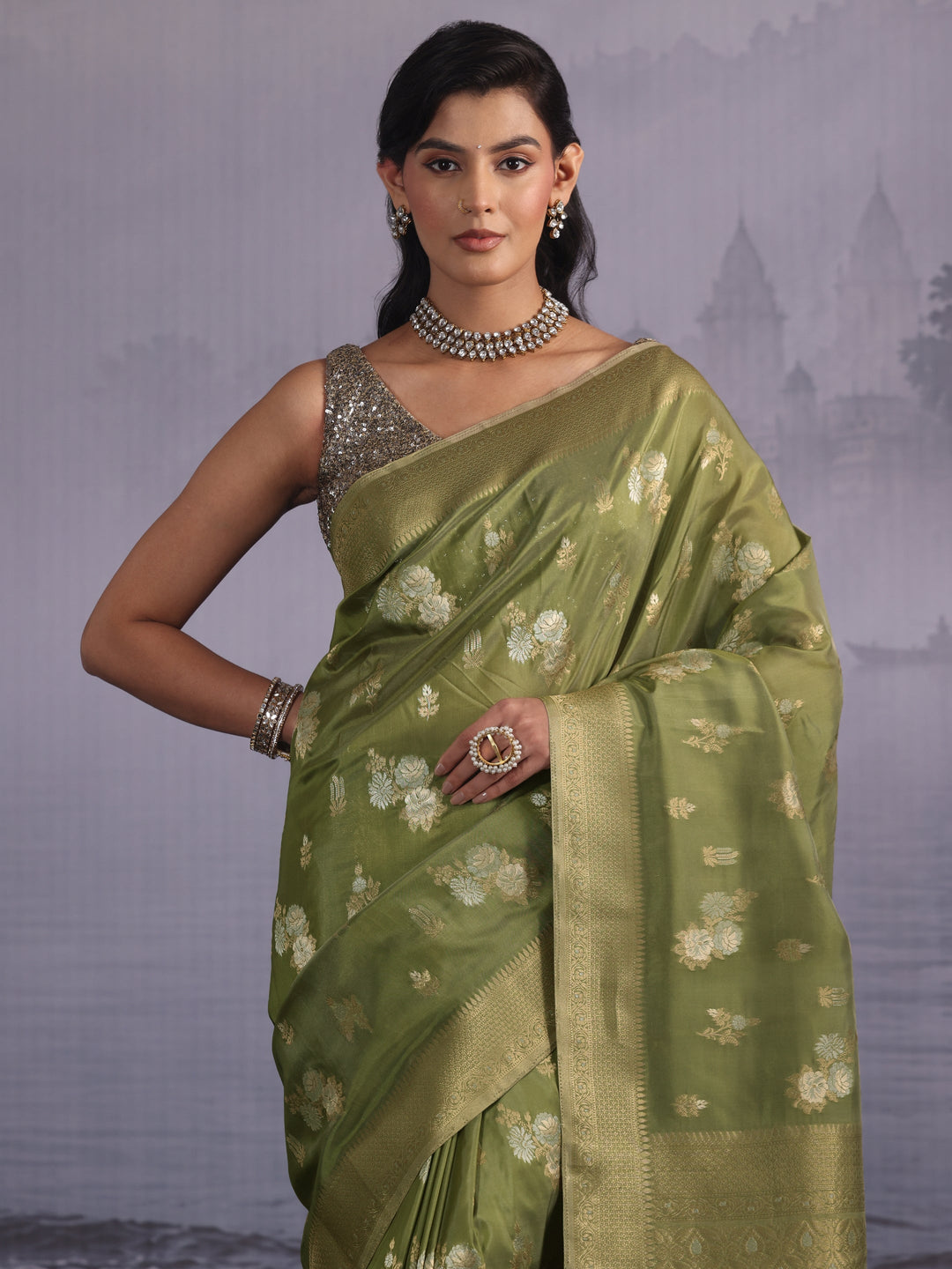 Libas Leaf Green Floral Woven Design Silk Blend Saree