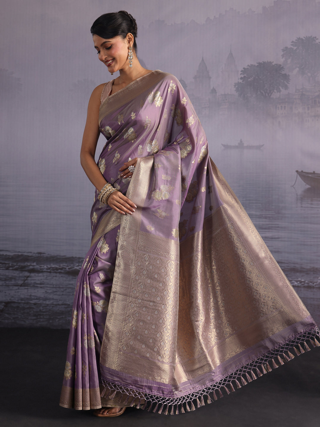 Libas Lavender Floral Woven Design Silk Blend Saree