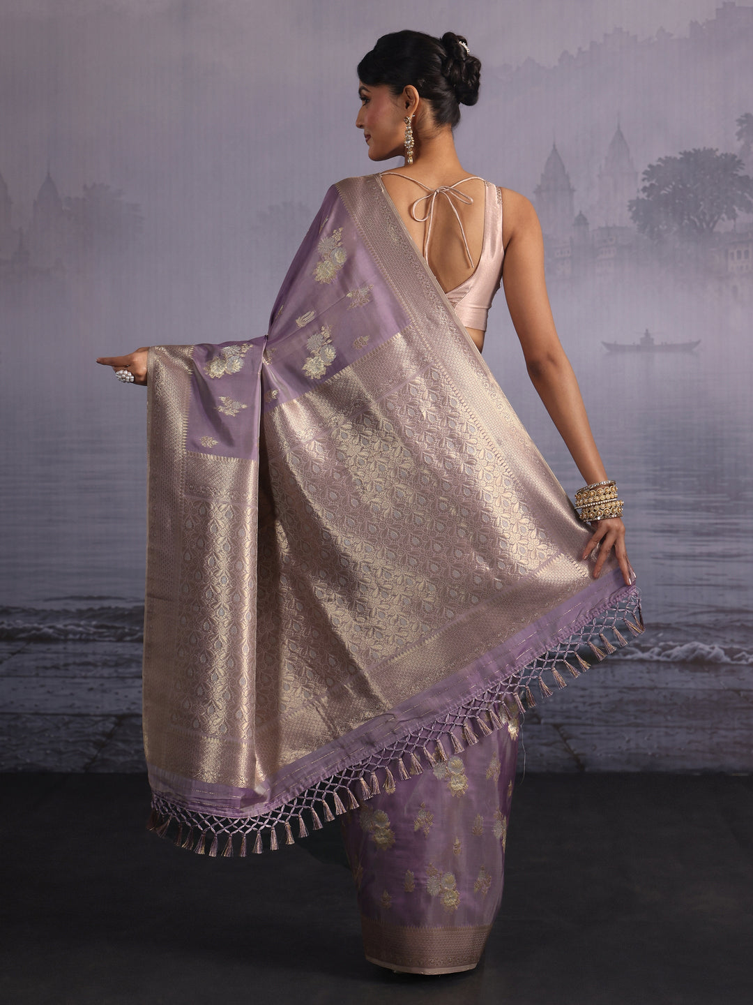 Libas Lavender Floral Woven Design Silk Blend Saree