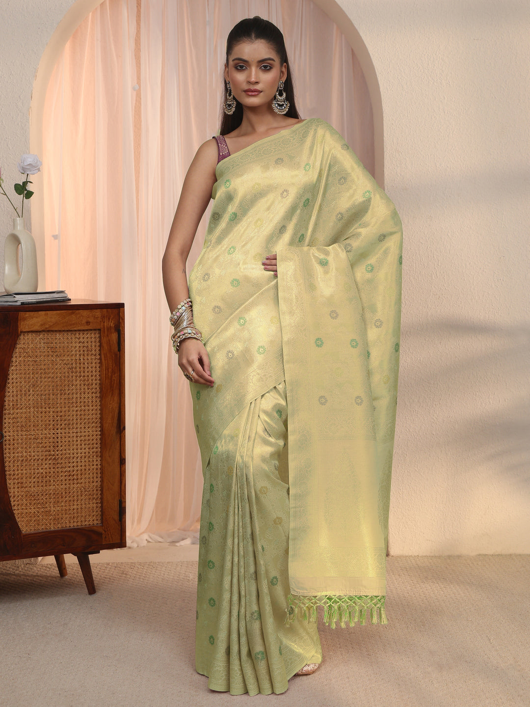 Libas Light Green Floral Woven Design Silk Blend Saree