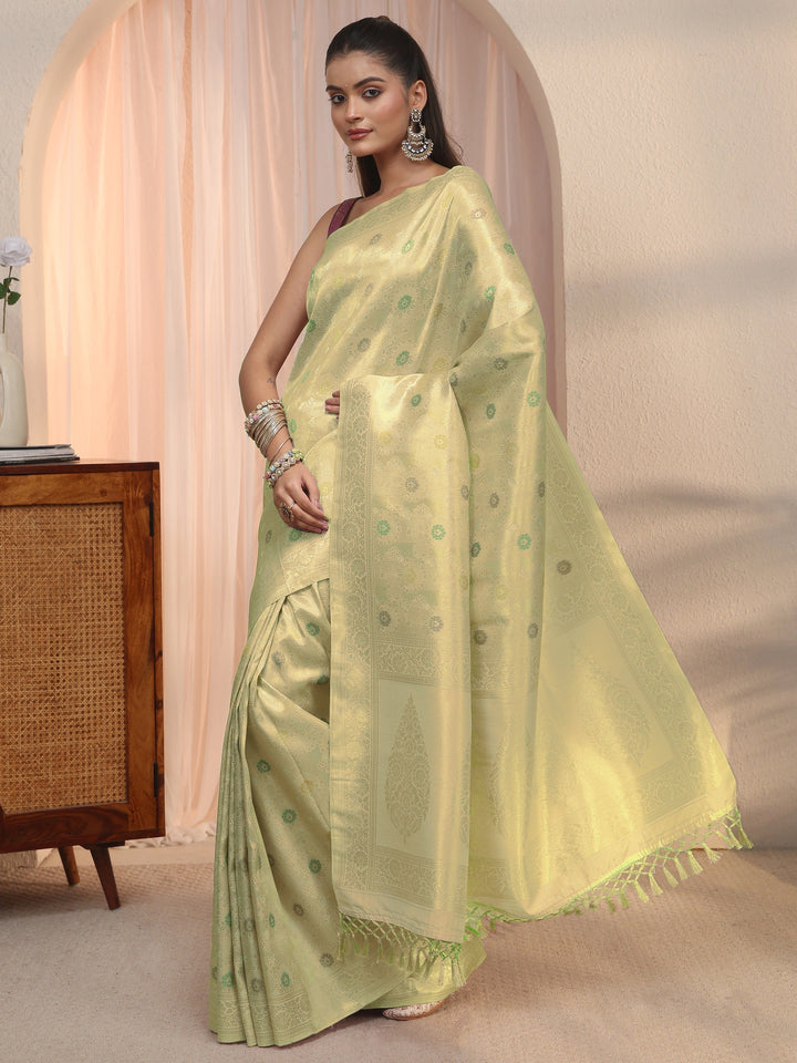 Libas Light Green Floral Woven Design Silk Blend Saree