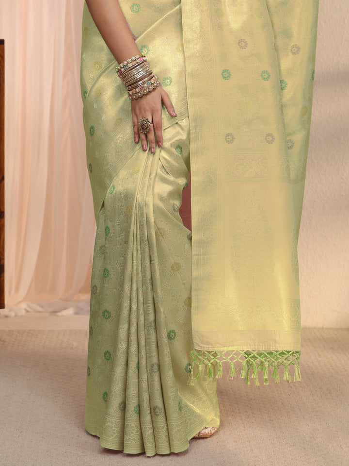 Libas Light Green Floral Woven Design Silk Blend Saree