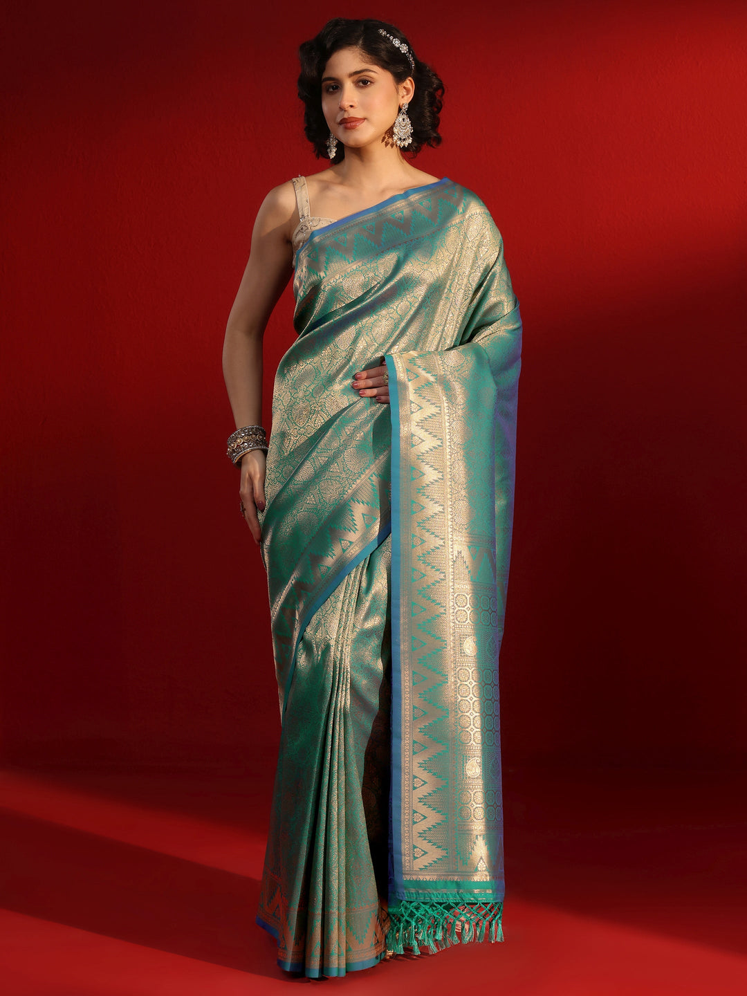 Libas Blue Ethnic Woven Design Silk Blend Tassel Saree