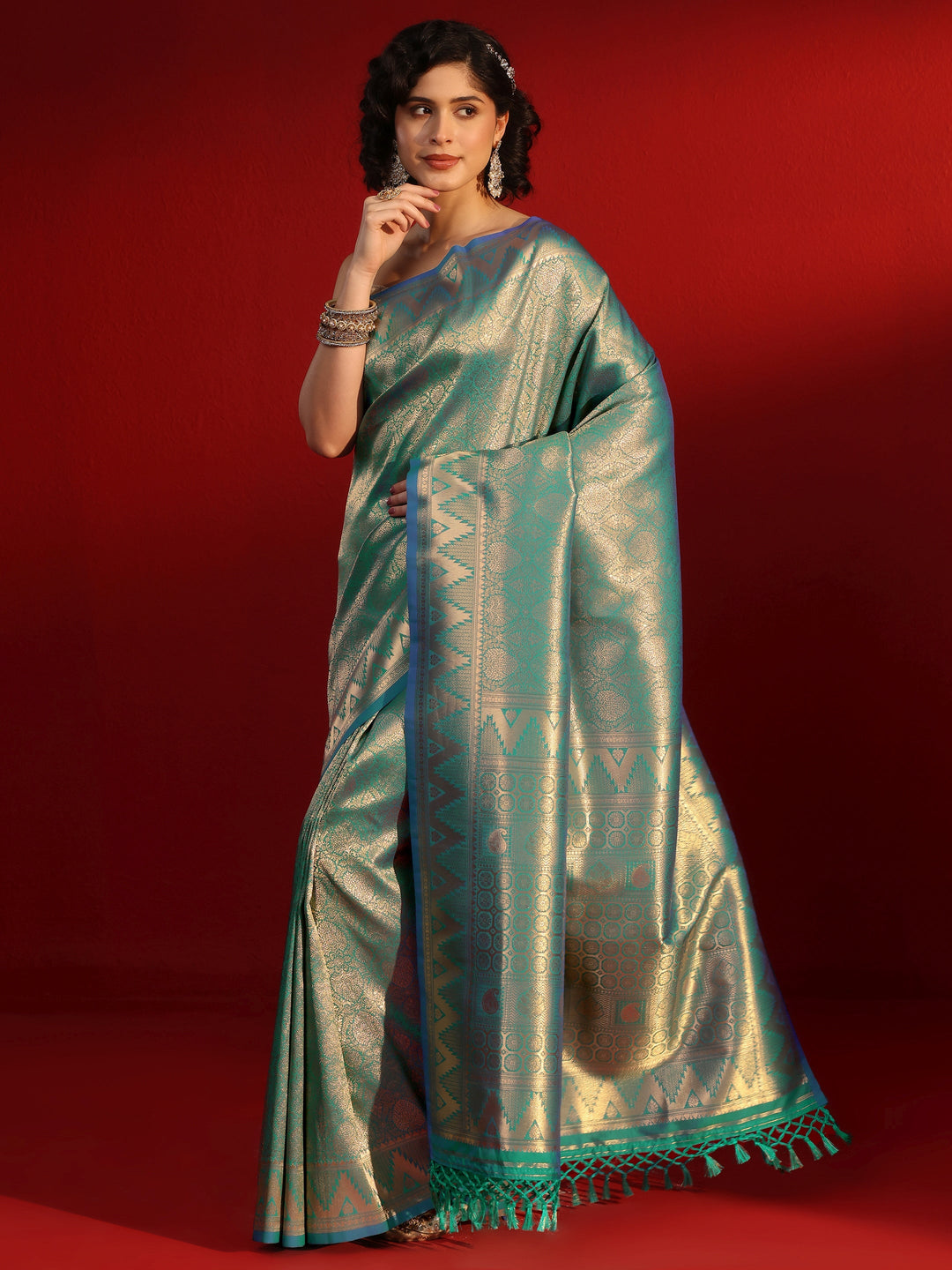 Libas Blue Ethnic Woven Design Silk Blend Tassel Saree