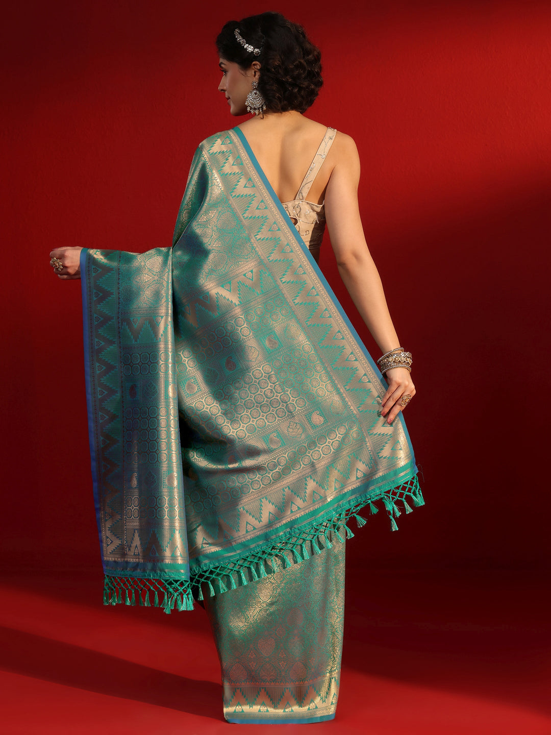 Libas Blue Ethnic Woven Design Silk Blend Tassel Saree