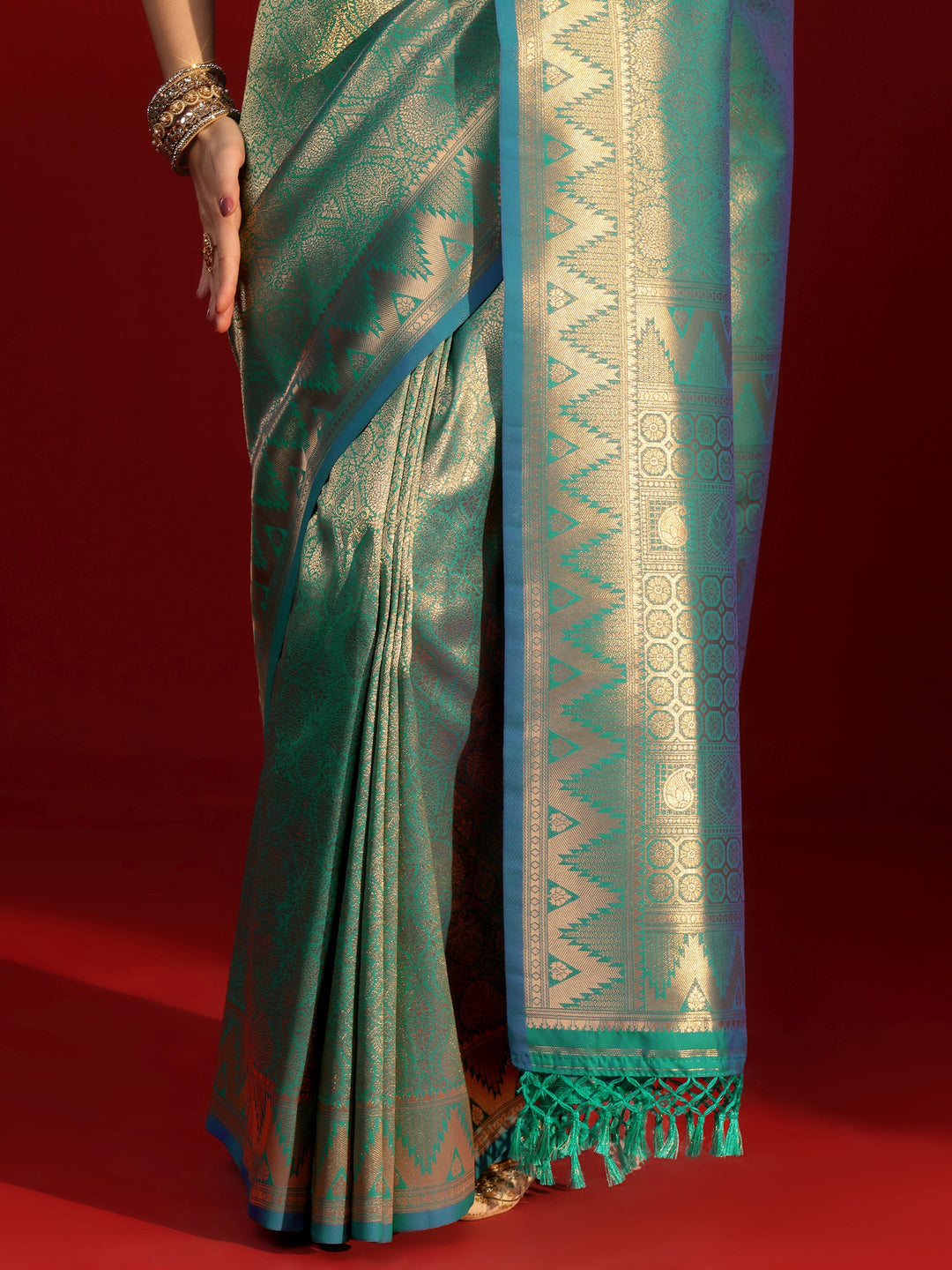 Libas Blue Ethnic Woven Design Silk Blend Tassel Saree