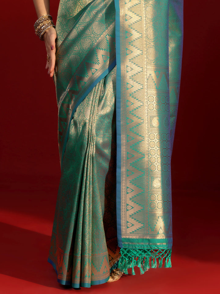 Libas Blue Ethnic Woven Design Silk Blend Tassel Saree