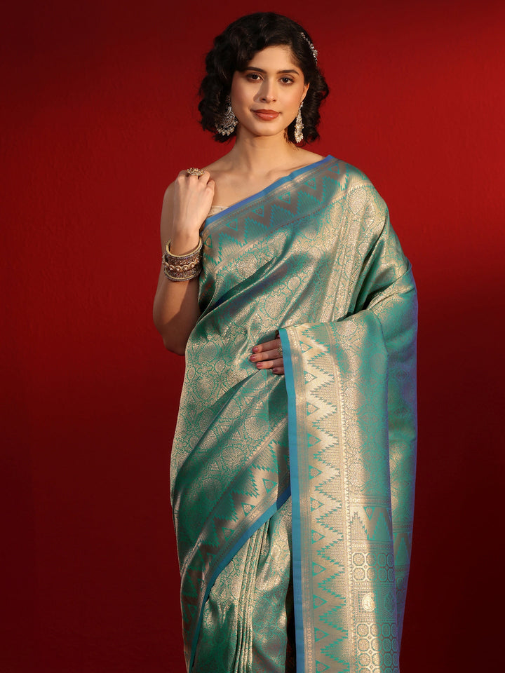 Libas Blue Ethnic Woven Design Silk Blend Tassel Saree