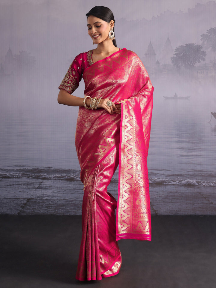 Libas Hot Pink Woven Design Silk Blend Saree