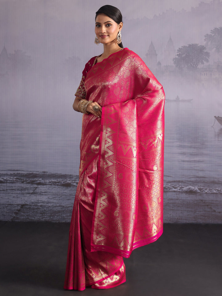 Libas Hot Pink Woven Design Silk Blend Saree