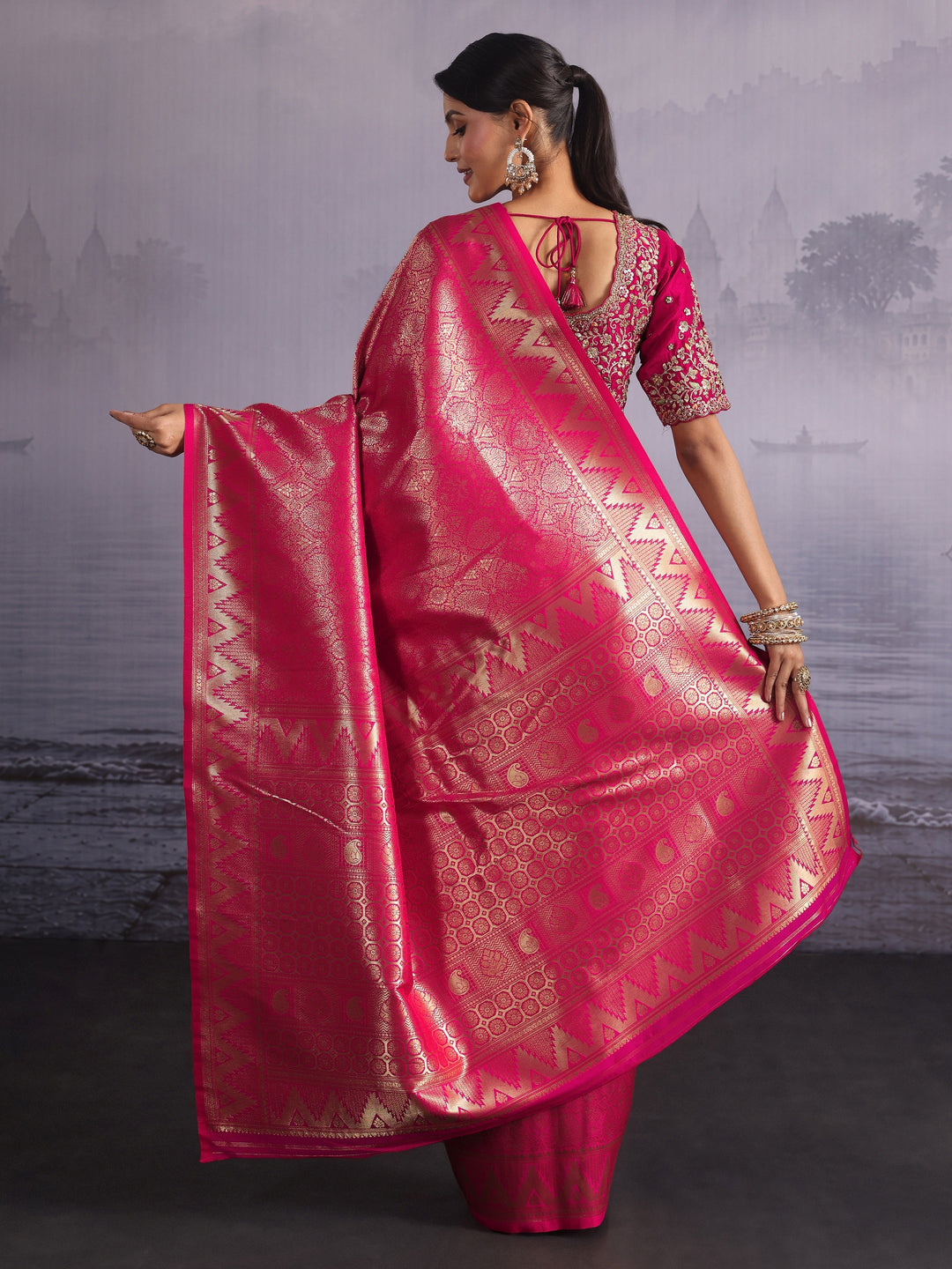 Libas Hot Pink Woven Design Silk Blend Saree