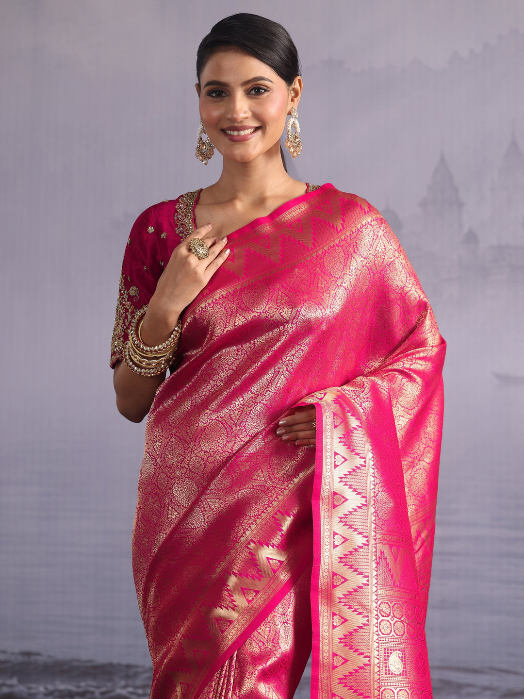 Libas Hot Pink Woven Design Silk Blend Saree