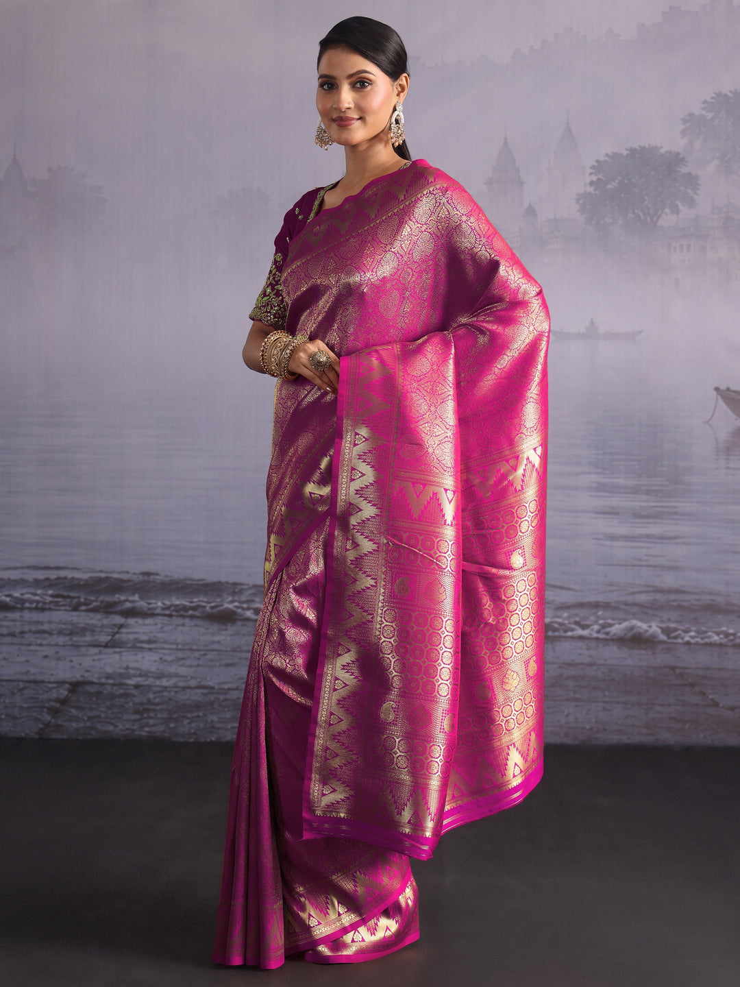 Libas Rani Pink Woven Design Silk Blend Saree