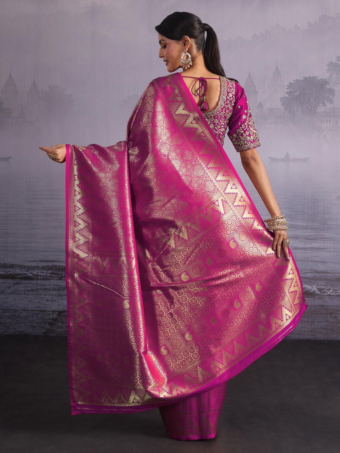 Libas Rani Pink Woven Design Silk Blend Saree