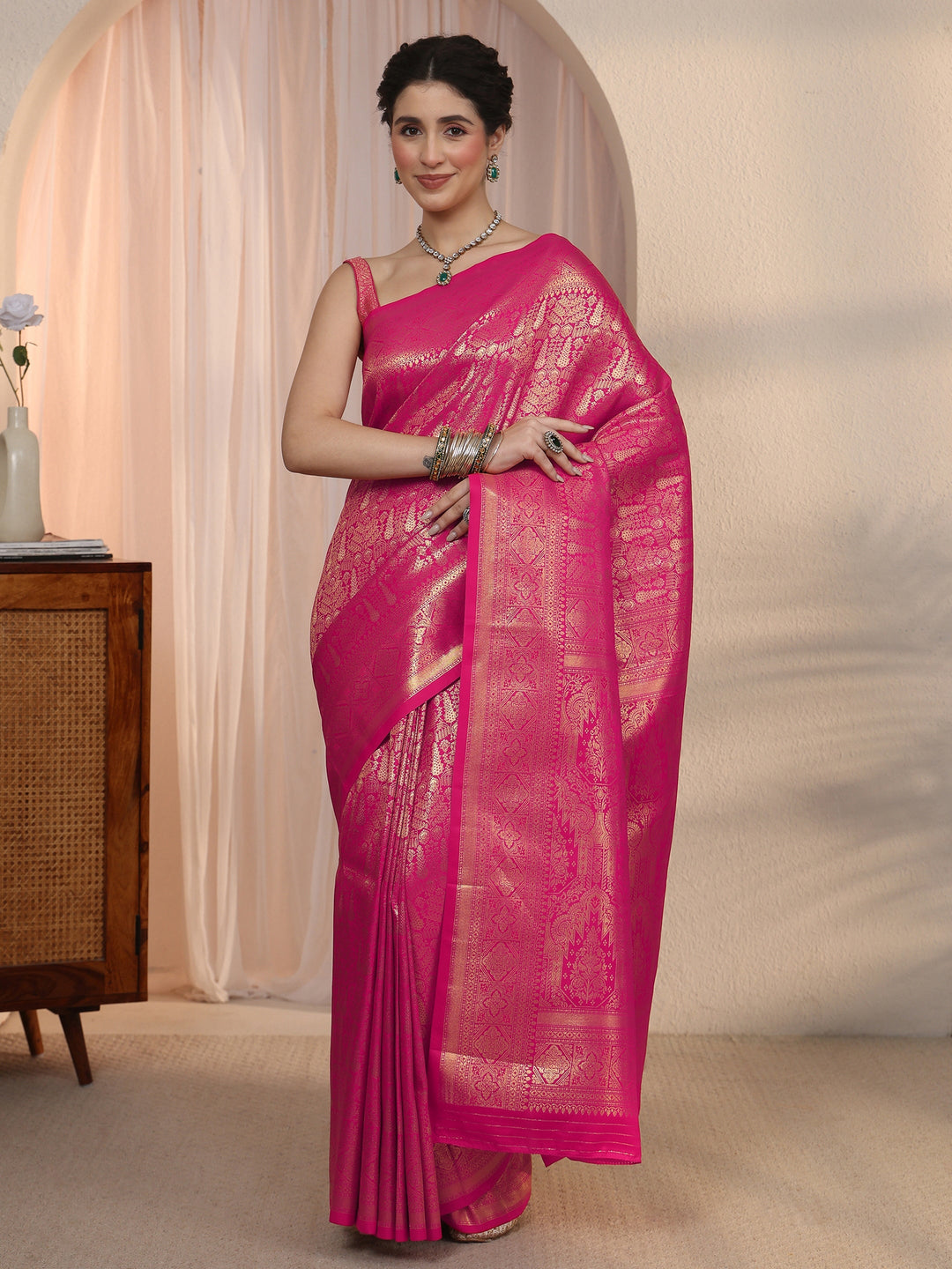 Libas Rani Pink Ethnic Woven Design Satin Saree