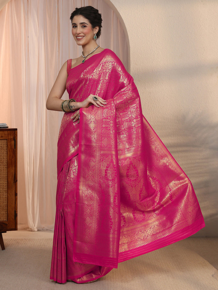 Libas Rani Pink Ethnic Woven Design Satin Saree