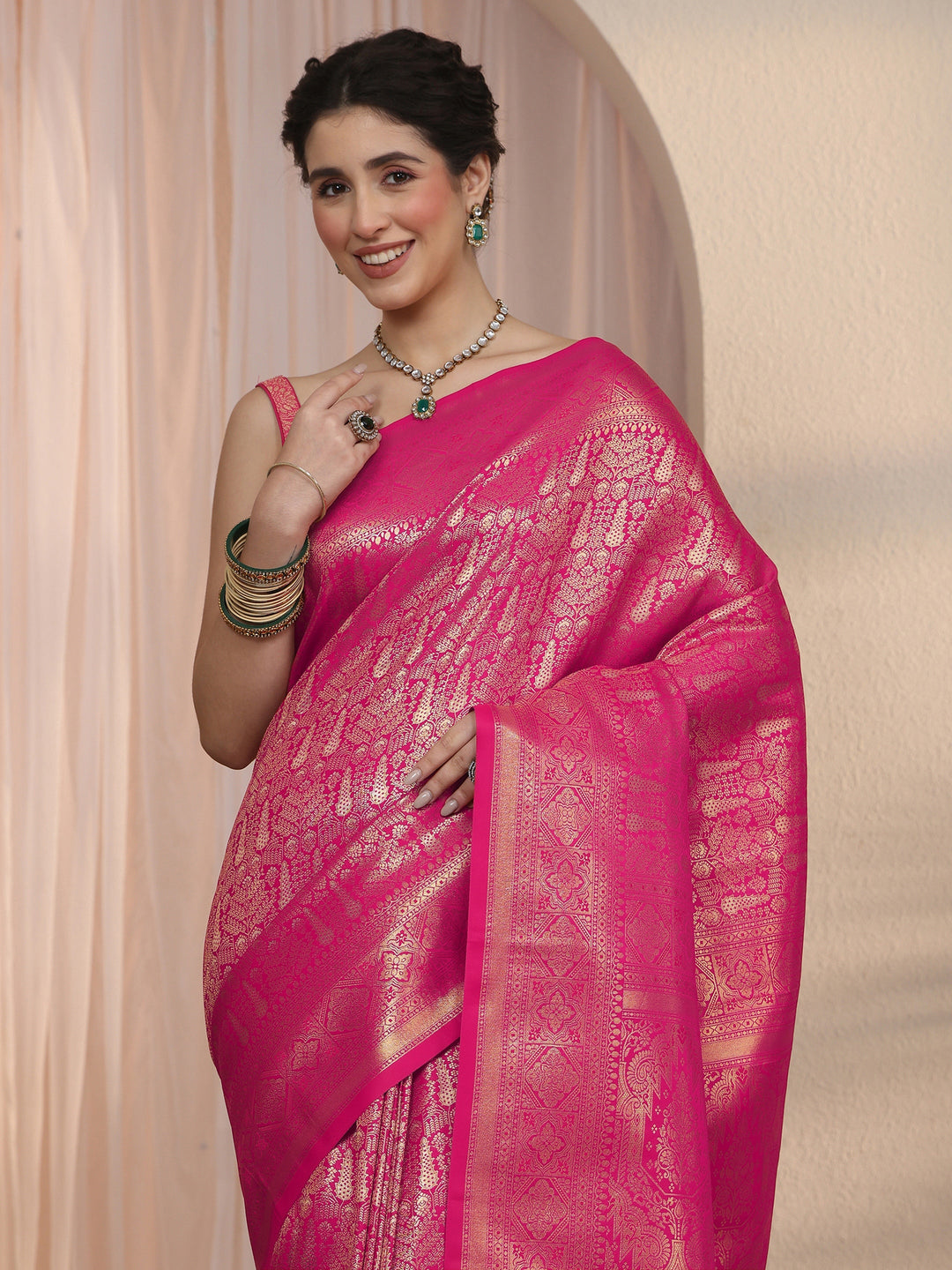 Libas Rani Pink Ethnic Woven Design Satin Saree