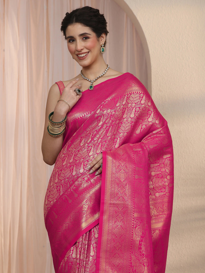 Libas Rani Pink Ethnic Woven Design Satin Saree