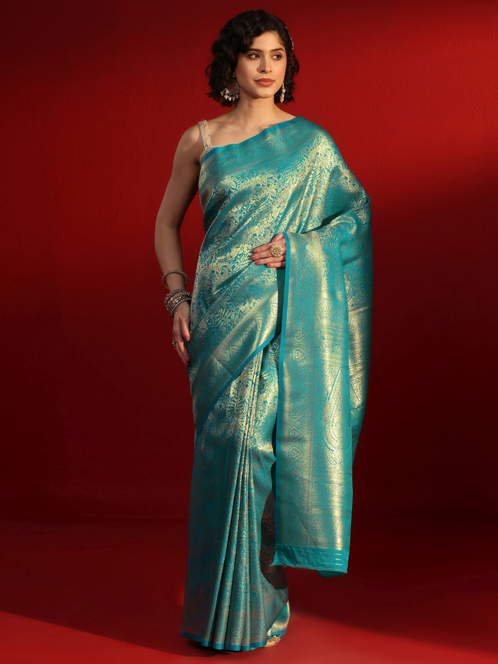 Libas Blue Floral Woven Design Satin Saree