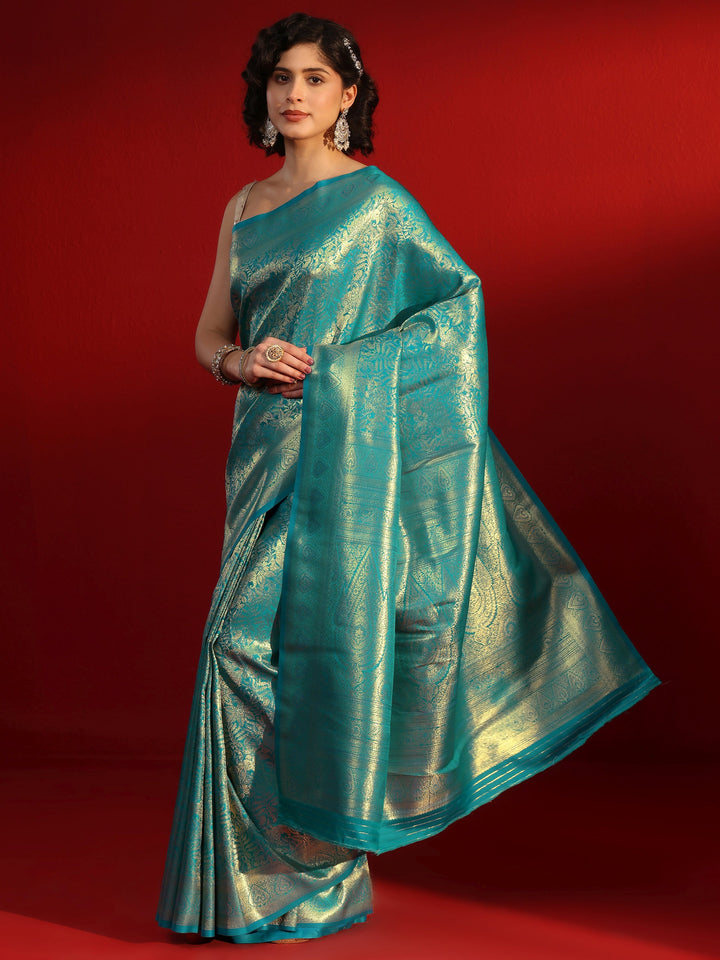 Libas Blue Floral Woven Design Satin Saree