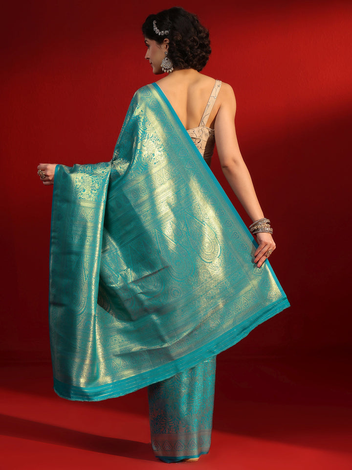 Libas Blue Floral Woven Design Satin Saree