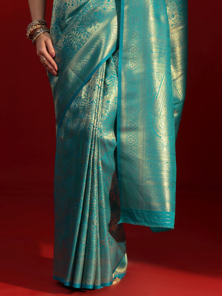 Libas Blue Floral Woven Design Satin Saree