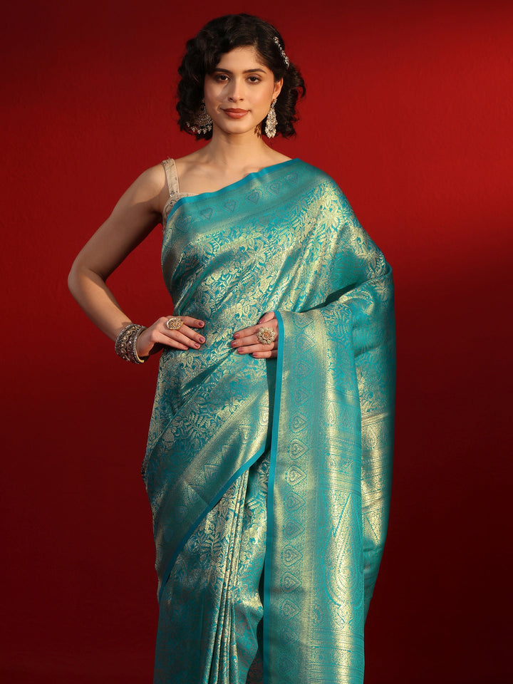 Libas Blue Floral Woven Design Satin Saree
