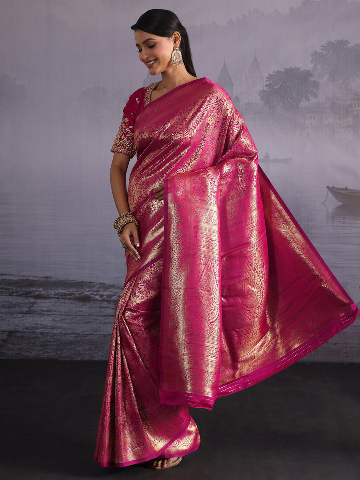 Libas Rani Pink Floral Woven Design Satin Saree