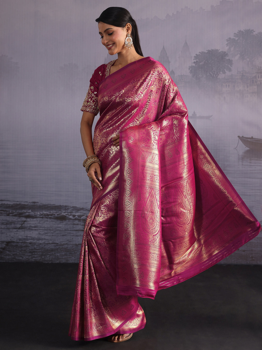 Libas Wine Floral Woven Design Satin Saree