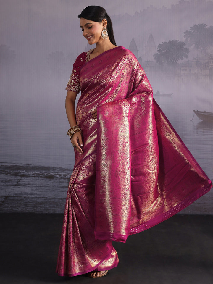 Libas Wine Floral Woven Design Satin Saree