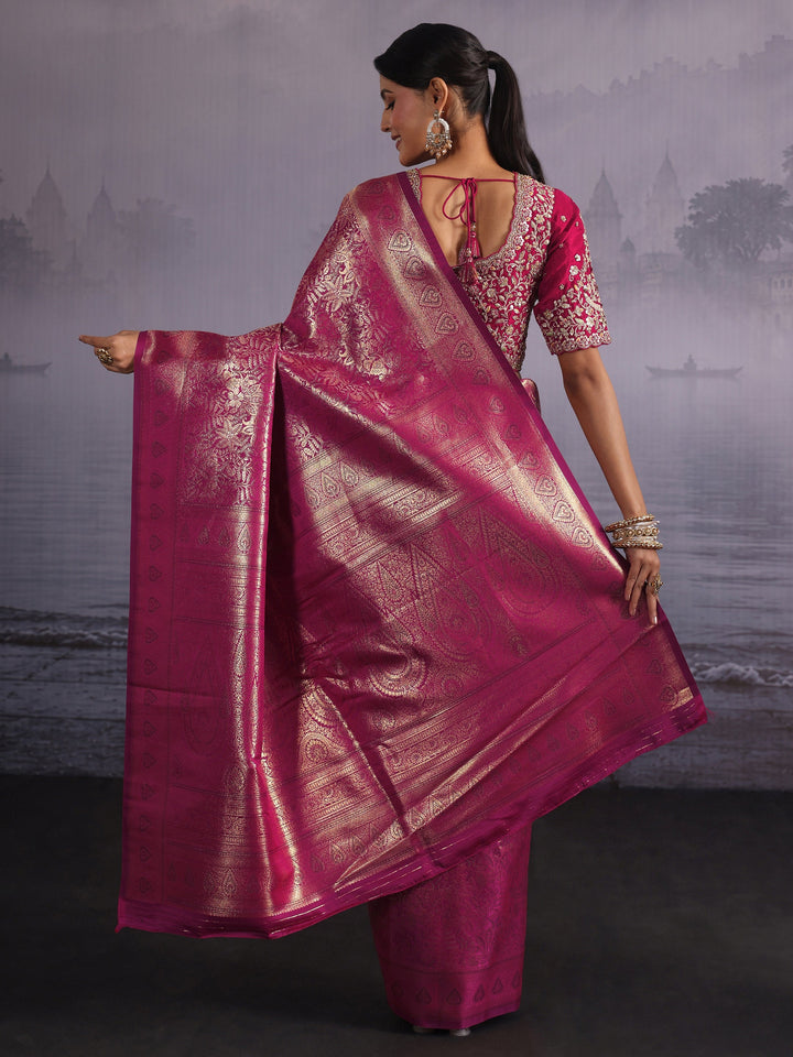 Libas Wine Floral Woven Design Satin Saree