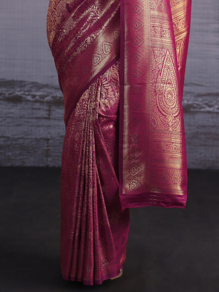 Libas Wine Floral Woven Design Satin Saree