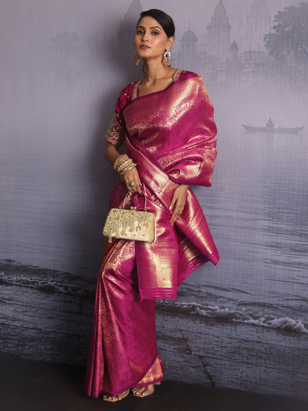 Libas Wine Floral Woven Design Satin Saree