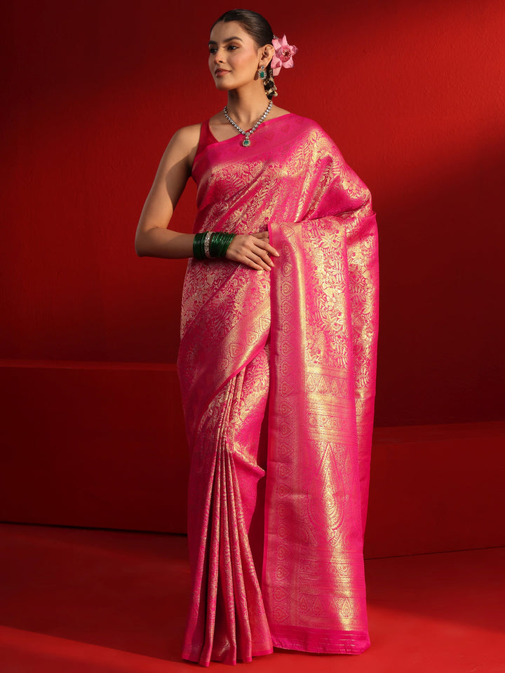 Libas Pink Floral Woven Design Satin Saree