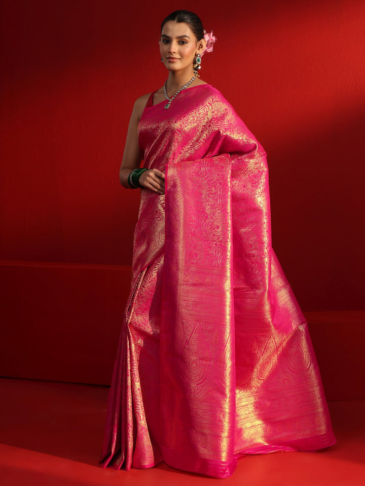 Libas Pink Floral Woven Design Satin Saree