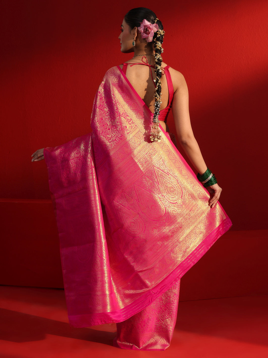 Libas Pink Floral Woven Design Satin Saree