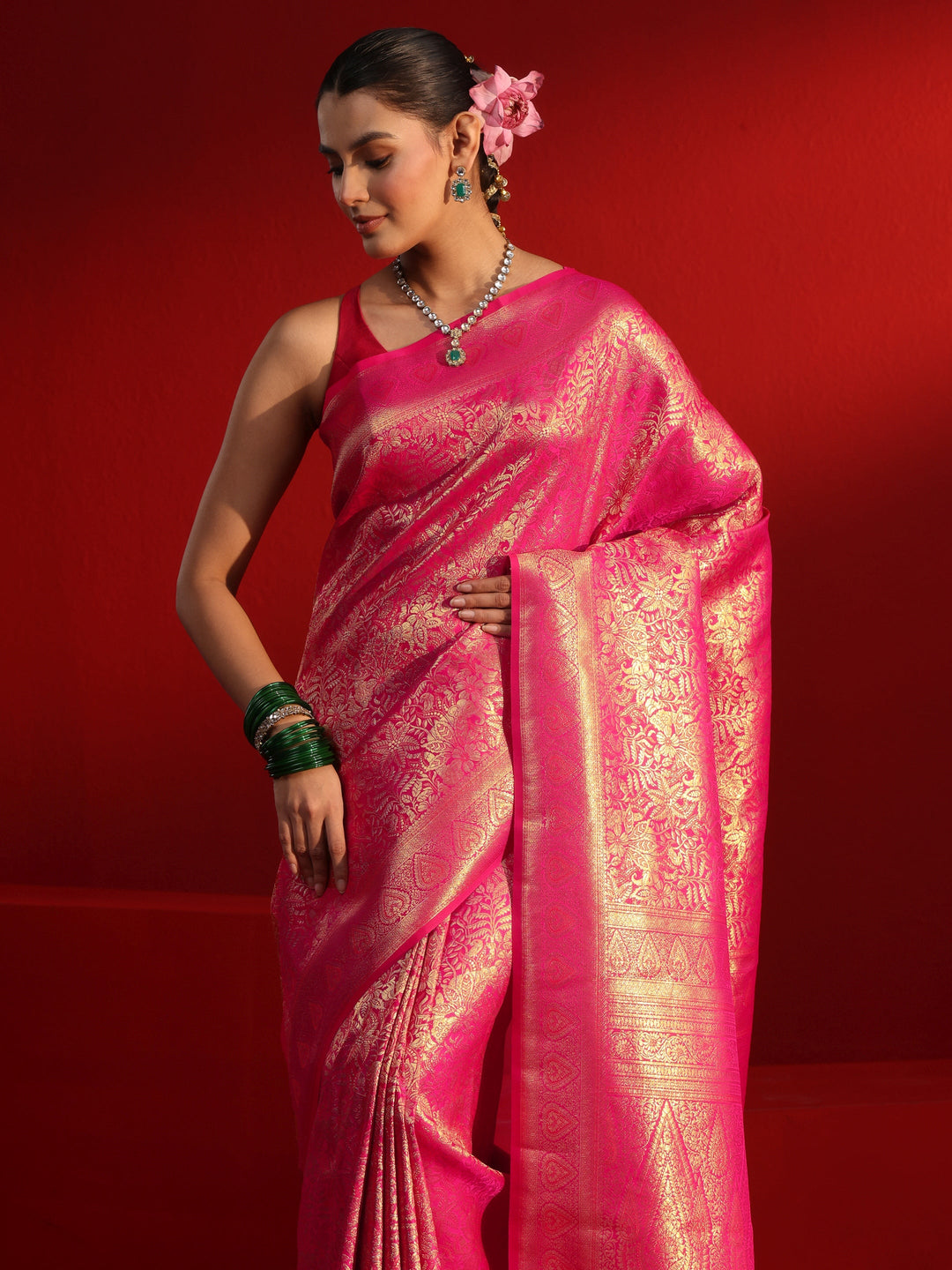 Libas Pink Floral Woven Design Satin Saree