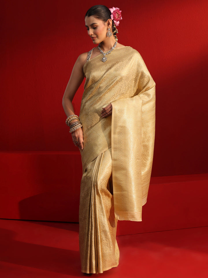 Libas Golden Floral Woven Design Satin Saree