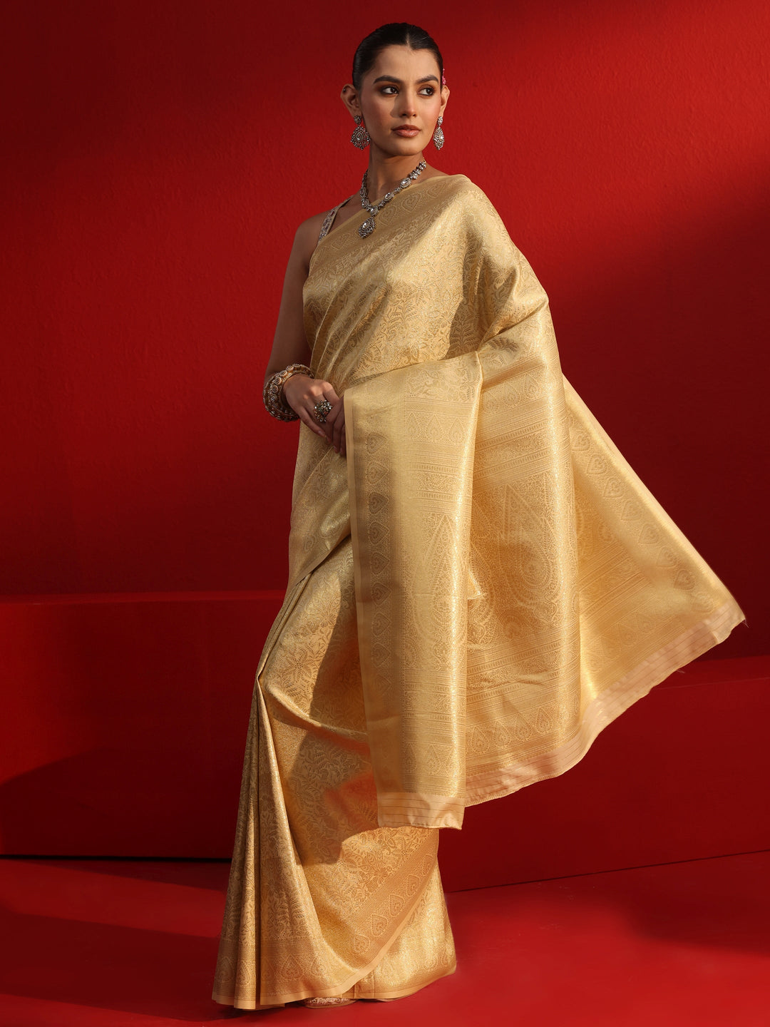 Libas Golden Floral Woven Design Satin Saree