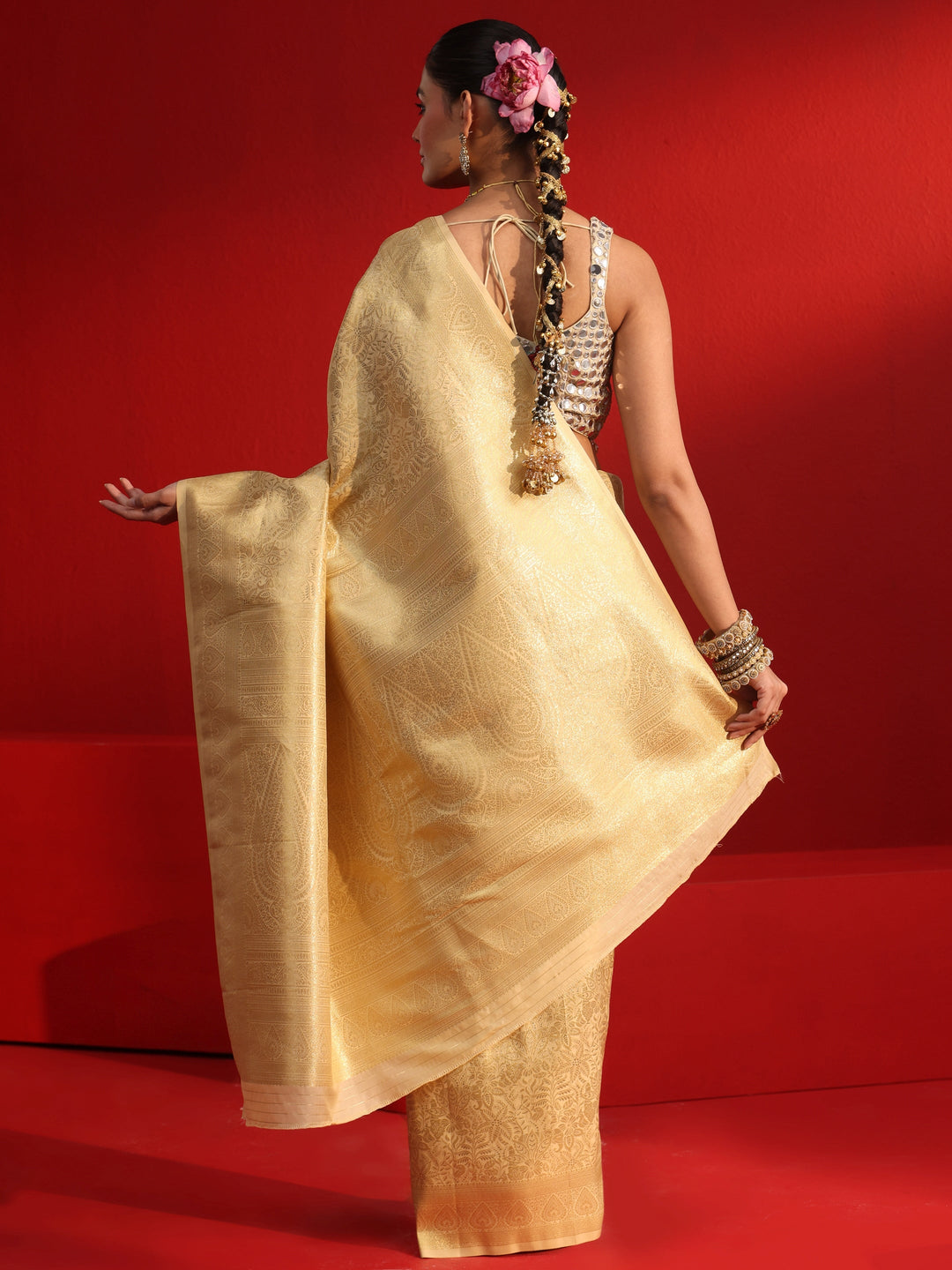 Libas Golden Floral Woven Design Satin Saree