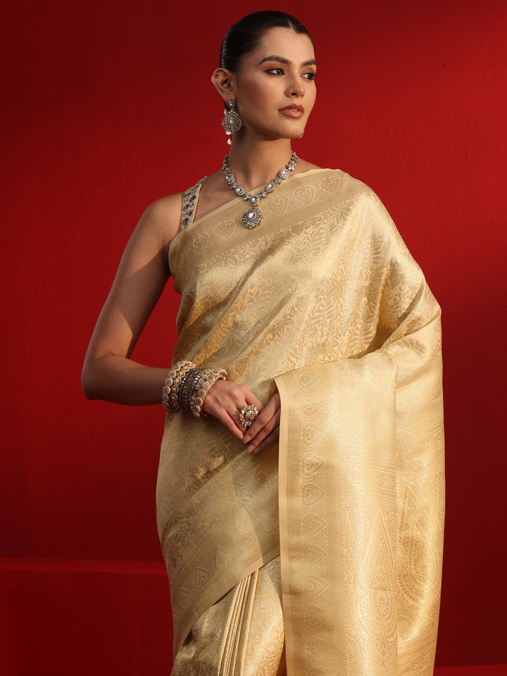 Libas Golden Floral Woven Design Satin Saree