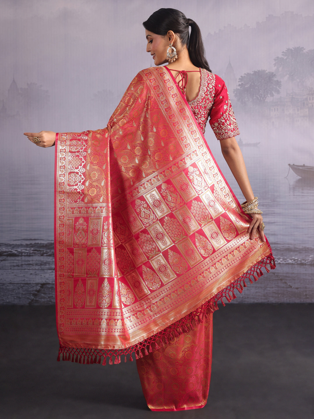 Libas Vermilion Red Floral Woven Design Satin Saree