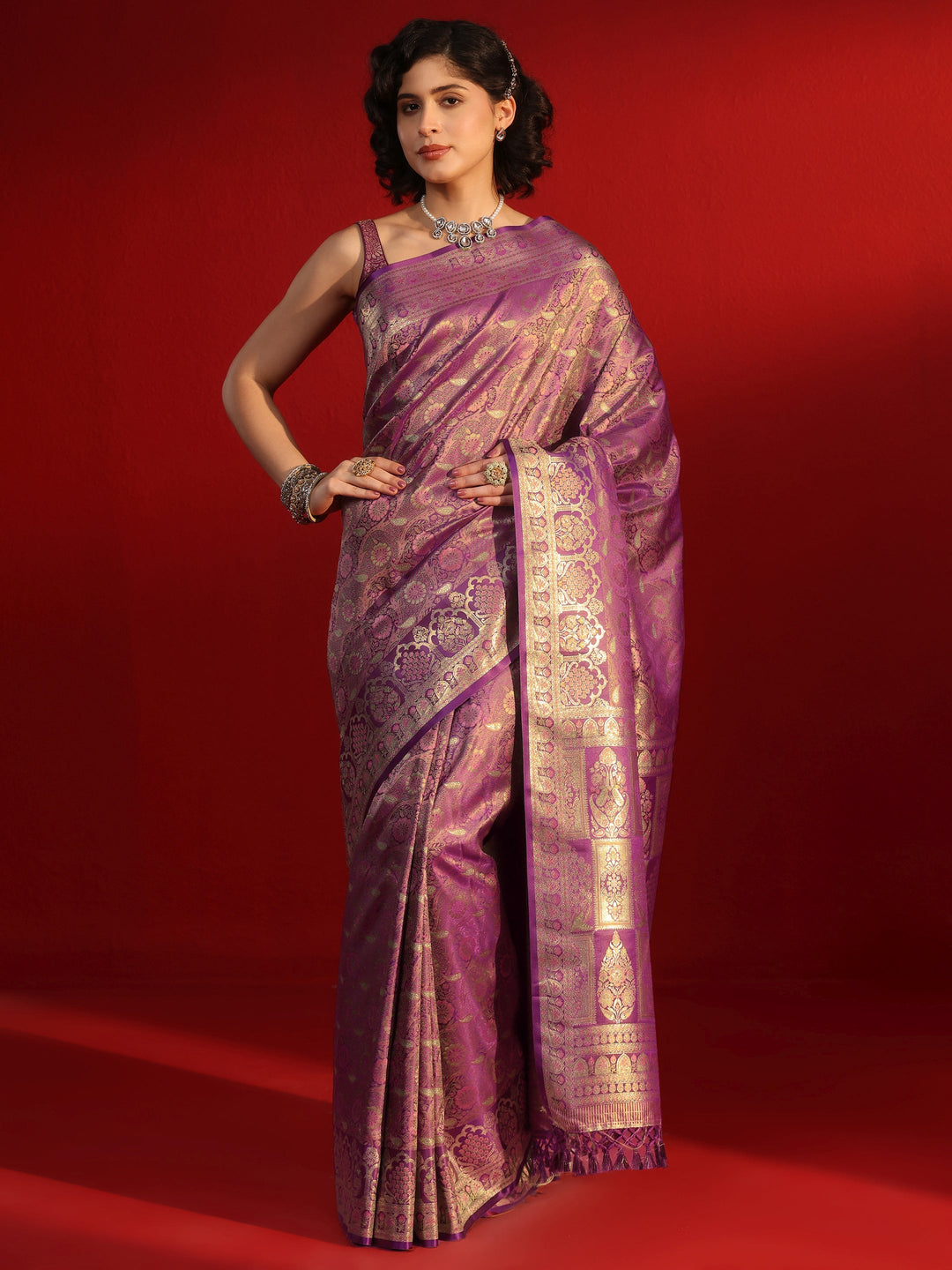 Libas Purple Floral Woven Design Satin Tassel Saree