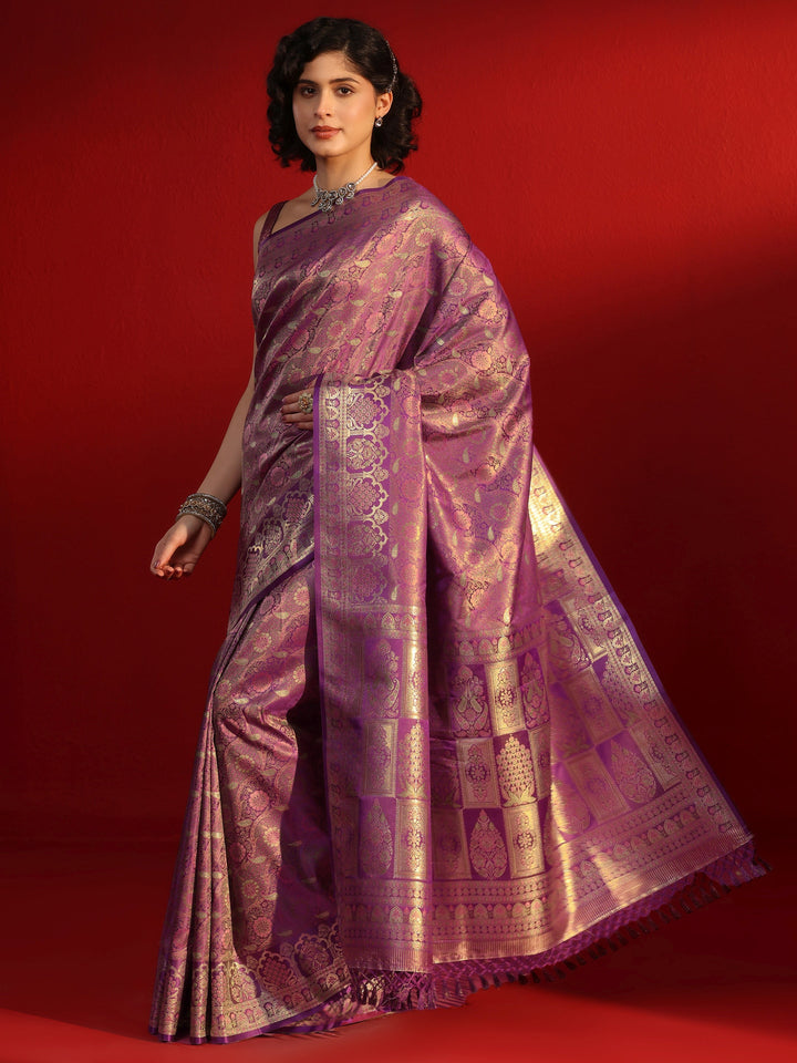 Libas Purple Floral Woven Design Satin Tassel Saree