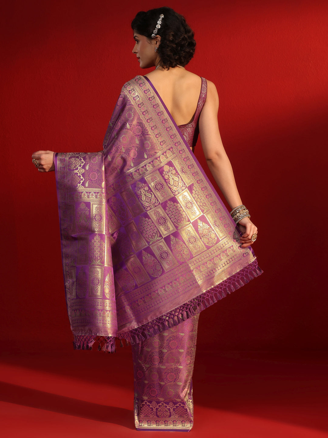 Libas Purple Floral Woven Design Satin Tassel Saree