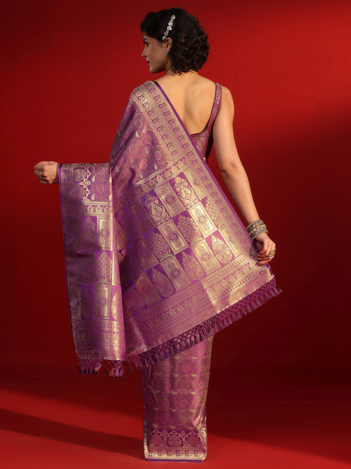 Libas Purple Floral Woven Design Satin Tassel Saree
