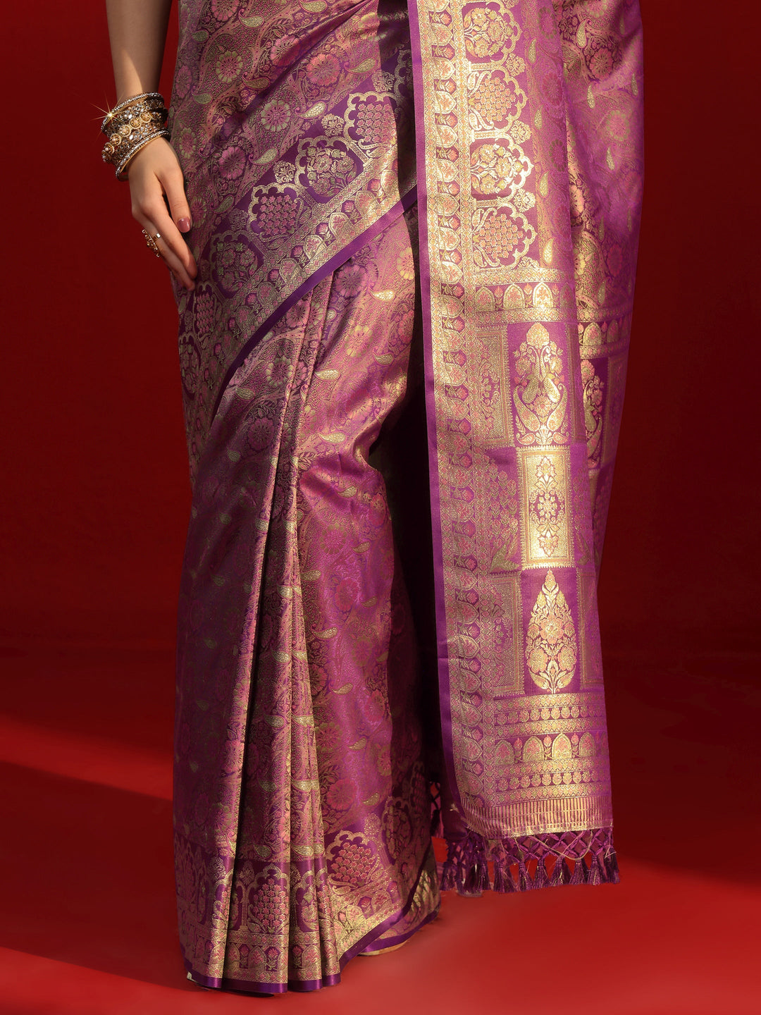 Libas Purple Floral Woven Design Satin Tassel Saree