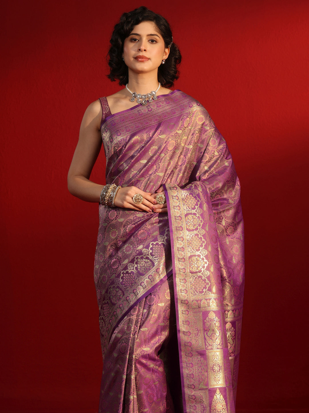 Libas Purple Floral Woven Design Satin Tassel Saree